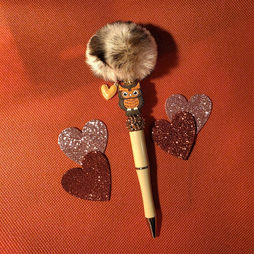 Owl Design Pen with Fur Top - Brown and Gold